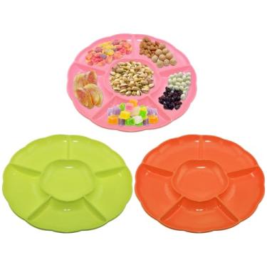 Imagem de CAOXIAOXUYAO Bandejas redondas de plástico de 30,5 cm com 3 unidades, 6 pratos secionais para servir pratos de alimentos para doces, nozes, vegetais, frutas, ação de graças (3, rosa, verde maçã