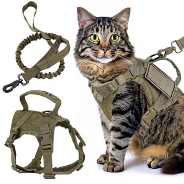 Imagem de Peitoral tático verde para gatos com trela, alças ajustáveis, malha macia, alça de controle de emergência