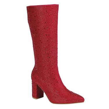 Imagem de ABSOLEX Botas de cano alto femininas de salto médio com strass e bico fino, Vermelho, 34