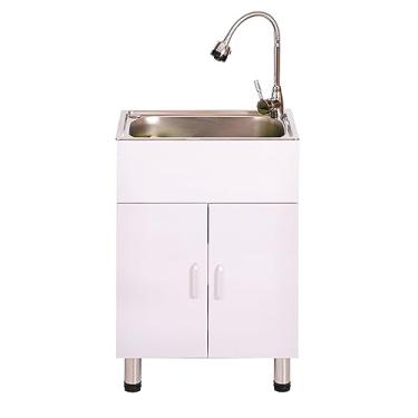 Imagem de TRGCJGH Conjunto de toucador de banheiro, vaidade de banheiro com pia, armário de banheiro de madeira com pia de aço inoxidável (75 x 40 cm, cor de grão de madeira)