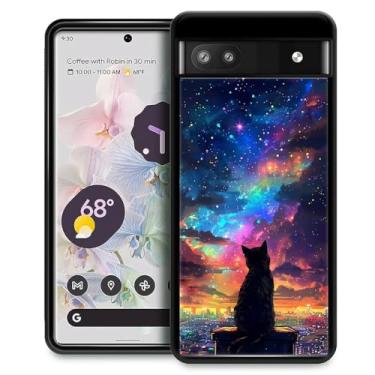 Imagem de CARLOCA Compatível com Google Pixel 7A Capa rígida para meninas e meninos, proteção à prova de choque, TPU antiderrapante, para Google Pixel 7A, estampa moderna, gato preto, colorido, arco-íris, céu
