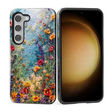 Imagem de ZHEGAILIAN Capa para Samsung Galaxy S23, capa rígida à prova de choque + silicone macio 2 em 1, híbrido, à prova de choque, proteção contra quedas, flores silvestres bordadas