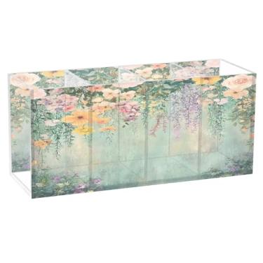 Imagem de SEHANY Porta-canetas de acrílico com flores silvestres coloridas, 4 compartimentos, porta-lápis transparente, organizador de pincéis de maquiagem, organizador de papelaria para escritório, casa