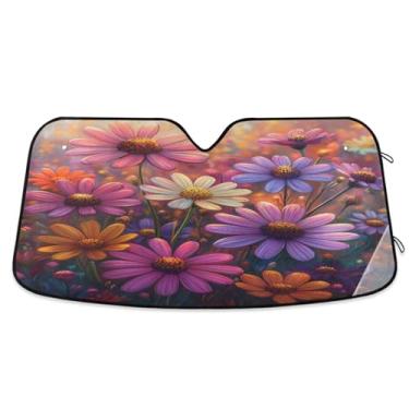 Imagem de ATTX Pára-brisas de carro pintura margaridas 139.7 cm x 70.1 cm escudo solar universal com proteção UV, persiana de janela frontal automática dobrável para sedãs SUVs caminhões #303