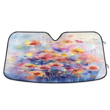 Imagem de ATTX Pára-brisas de carro com pintura colorida em aquarela 134.6 cm x 59.7 cm Protetor solar universal com proteção UV, persiana de janela frontal automática dobrável para caminhões Sedans SUVs #111