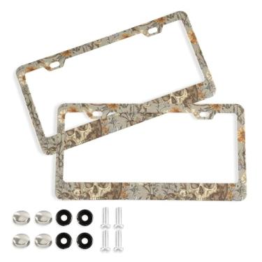 Imagem de SEHANY Molduras de placa de carro vintage rosa crânio, capas de alumínio à prova de ferrugem com furos elípticos e parafusos serve para veículos padrão dos EUA tamanho acessórios de carro para