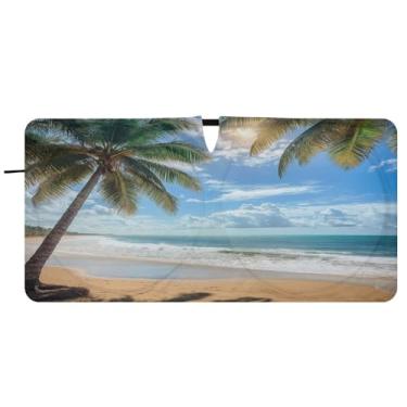 Imagem de ATTX Belo para-sol para para-brisa de carro de praia tropical - 157,5 cm x 81,3 cm viseira de proteção solar universal | Acessórios automotivos refletores de calor para proteção do para-brisa