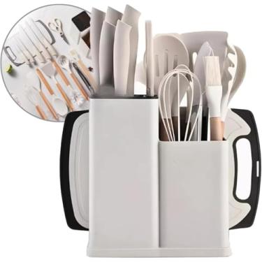 Imagem de Kit de Utensílios de Cozinha com 19 Peças, Branco, Silicone e Madeira, Inclui Colheres, Espátulas, Batedor, Facas, Tábua de Corte e Organizador