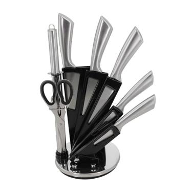 Imagem de Lovely Vibe Kit de Facas em Aço Inoxidável com Suporte Giratório, Amolador e Tesoura, Preto e Inox, 8 Peças