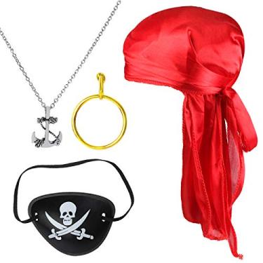 Imagem de Beelittle Conjunto De Acessórios Para Fantasia Pirata Beelittle, Incluindo Turbantes Durag Cauda Longa, Boné, Tapa-Olho, Brinco Dourado E Colar (Vermelho 1, Número Do Modelo Wh-Yf0044)