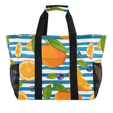 Imagem de Kigai Sacolas de supermercado reutilizáveis, laranjas e mirtilos, grande, sacola de compras resistente à água, bolsa de piscina dobrável para roupas, sapatos e piqueniques