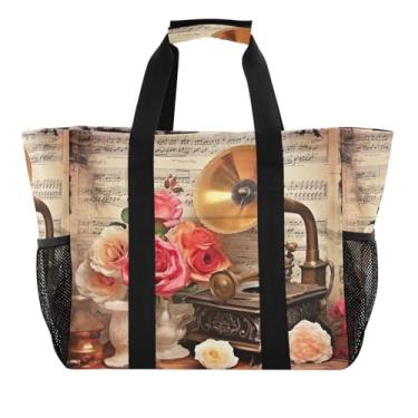 Imagem de Wassud Sacolas de compras reutilizáveis vintage para gramofone e rosas grande bolsa organizadora de lona impermeável para praia, piquenique, lavanderia, viagem