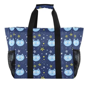 Imagem de Wassud Sacolas de compras reutilizáveis de gato azul tulipas grande bolsa organizadora de lona impermeável para praia, piquenique, lavanderia, viagem