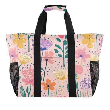 Imagem de Wassud Sacolas de compras reutilizáveis com flores de primavera, grande, bolsa organizadora de lona à prova d'água para praia, piquenique, lavanderia, viagem