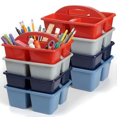 Imagem de Kathfly Pacote com 8 organizadores com alça, armazenamento empilhável para organização, cesta de plástico pequena para sala de aula, mesa, escritório, lápis, sala de crianças, artesanato, professores