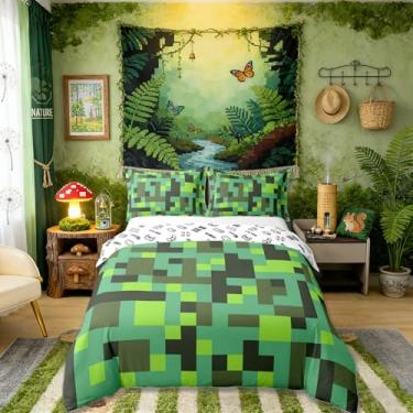 Imagem de Conjunto de capa de edredom Pixel Grid Miners, tamanho completo, 100% algodão, patchwork geométrico, quadriculado, pixelado, conjunto de cama infantil, gamepad de videogame, decoração de quarto de