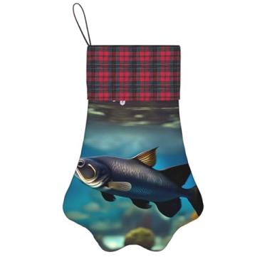 Imagem de SKKNT Meias de Natal com estampa de peixe-gato subaquático, animais de estimação, decoração de Natal, cães, gatos, árvores, doces, presente, conveniente