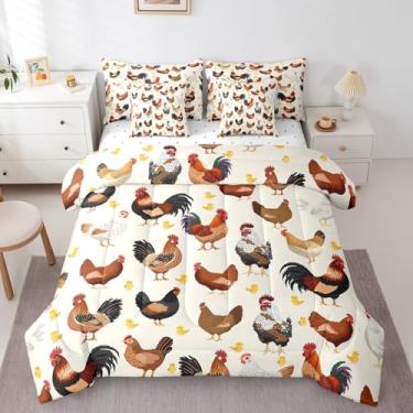 Imagem de Erosebridal Jogo de cama solteiro com edredom para crianças, cama de galo, 7 peças, edredom de animais de fazenda com edredom, lençóis, fronhas e fronhas