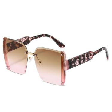 Imagem de HCHES Óculos de Sol Femininos de Luxo com Estampa de Leopardo Degradê, Armação Retrô, Sem Aro, Proteção UV400 (Marrom e Rosa)