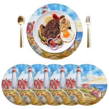 Imagem de Conjunto de 6 tapetes de mesa de PVC Lighthouse Blue de 38 cm, resistentes ao calor, jogo americano de mesa de cozinha