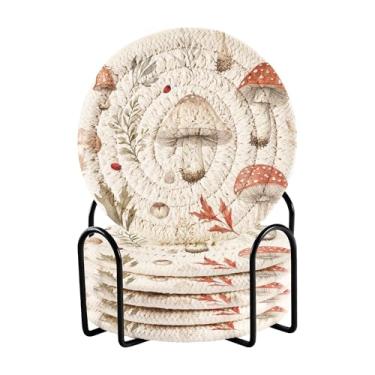 Imagem de SEHANY Conjunto de 6 porta-copos de cogumelos florestais com suporte, porta-copos redondos absorventes de algodão resistente ao calor para mesa de jantar, canecas de café, 10 cm