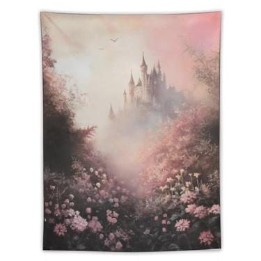 Imagem de Tapeçaria de parede de castelo de conto de fadas fantasia manhã enevoada montanha floresta flores silvestres prado paisagem dos sonhos decoração pendurada para quarto dormitório sala de estar