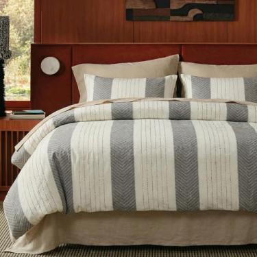 Imagem de Cozaline Conjunto de capa de edredom 100% algodão tufado King, listrado cinza e branco, capa de edredom macio respirável com fecho de zíper, conjunto de cama minimalista moderno