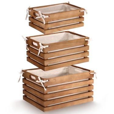 Imagem de Yiyiring Pacote com 3 caixas de madeira com forro, caixas de madeira de vários tamanhos, cestos decorativos de armazenamento rústico e de fazenda para exibição de despensa de casa, armários de