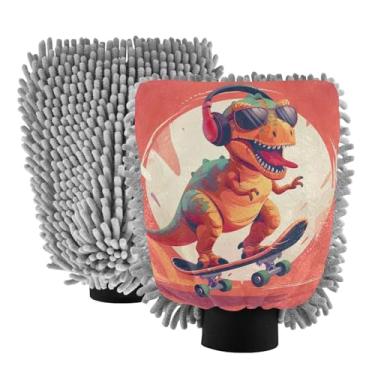 Imagem de ODAWA Luva para lavagem de carro microfibra chenille, desenho animado dinossauro com fones de ouvido luva de lavagem de carro chenille pacote com 2 20,5 cm x 30 cm