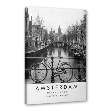 Imagem de Pôster de viagem preto e branco impressão paisagem da cidade do mundo pintura em tela Amsterdã imagem de arte de parede decoração de casa (11 x 14 polegadas (28 x 35 cm), emoldurado)