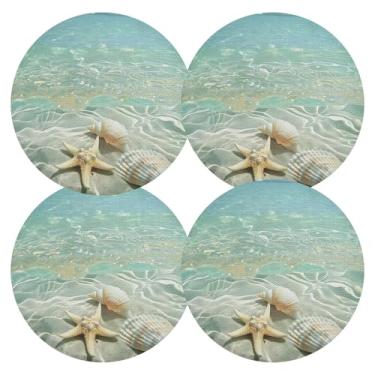 Imagem de Jogo americano de praia azul marinho conjunto de 4 jogos americanos redondos de PVC redondo 38 cm tapetes de mesa laváveis para festa de Natal