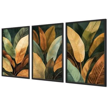 Imagem de Pinturas Quadros Decorativos com Moldura Sala Quarto Trio Natureza Pintura Floral O Cores das Folhas Decoração Sala Exquisitamente Trabalhado e Esteticamente Agradável (Preto 40x60 Sem Vidro)