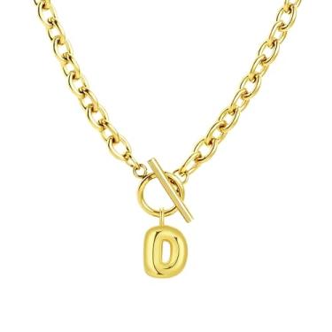 Imagem de Fiiuos Colar com inicial para mulheres, banhado a ouro 18 K, delicada, com pingente de letra bolha personalizada, corrente de elos grossos de clipe de papel com fecho de botão minimalista, joias de