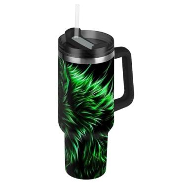 Imagem de Copos de lobo neon verde com tampa e canudo garrafa de água isolada de aço inoxidável copo de 850 g com alça rosa linda garrafa de água para copo de carro