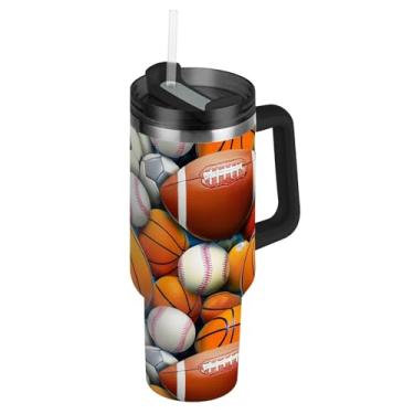 Imagem de Copos com tampas e canudo variados bolas esportivas bolas de basquete 1,134 g copo com alça grande garrafa de água isolada garrafa de água de aço inoxidável para copo de carro