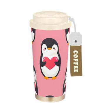 Imagem de TSENQUE Copo de café de 473 ml com tampa de canudo e filp, copo de café de aço inoxidável à prova de vazamento para escritório, escola, festa, acampamento, pinguins fofos, corações rosa