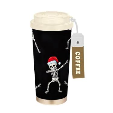 Imagem de TSENQUE Copo de café de 473 ml com tampa de canudo e filp, revestimento cerâmico, isolamento a vácuo, aço inoxidável, copo de café, à prova de vazamento, esqueletos vermelhos chapéus de Natal preto