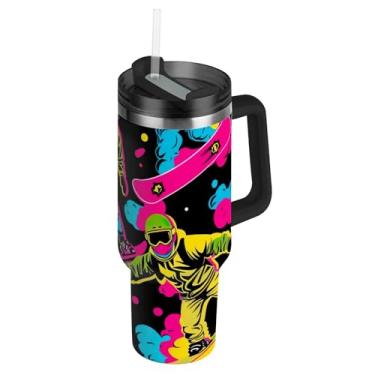 Imagem de Copos de aço inoxidável com tampas e canudos Cool Neon Skater Print Caneca de café quente para carro Copo grande com alça Garrafas de água isoladas de 850 g