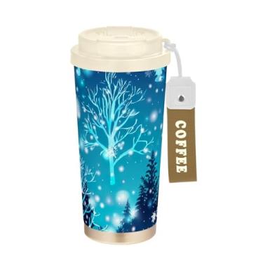 Imagem de TSENQUE Copo de café de 473 ml com canudo e tampa de enchimento, copo de café de aço inoxidável isolado a vácuo à prova de vazamento, cenário de floresta de inverno, neve, Natal