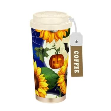 Imagem de TSENQUE Caneca de café de viagem de 473 ml com tampa de canudo e filp, canecas de café de parede dupla isoladas a vácuo com revestimento cerâmico, girassóis caveiras Halloween