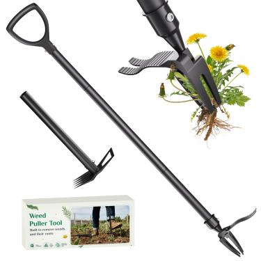 Imagem de Holinwa Ferramenta extrator de ervas daninhas em pé, extrator de ervas daninhas 2 em 1 com 4 cabeças de garra e ancinho, extrator de raiz sem esforço para dente de leão e ervas daninhas, sem dobrar ou