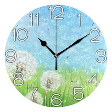Imagem de Relógio de parede decorativo analógico escritório cozinha operado a bateria, decoração de parede de meados do século sala de estar vívida primavera branco floral verde, 25 cm, ponteiros pretos