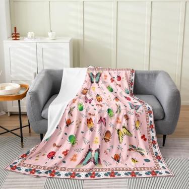 Imagem de Homewish Cobertores de flanela de insetos boho, cobertor de lã com folhas de flores rosa, crianças, meninas, meninos, adultos, besouros, joaninhas, mariposas, cobertores felpos, animais, entomologia