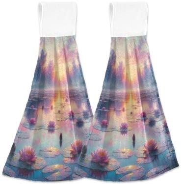 Imagem de TSENQUE Toalha de mão com estampa de lírio d'água Scenic Lotus com laços para pendurar toalhas de forno macias absorventes conjunto de 2, toalhas de secagem de cozinha fofas personalizadas 45 x 35 cm