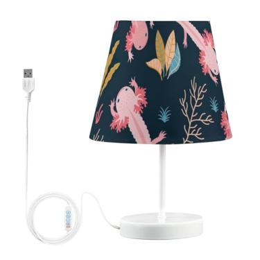 Imagem de GAIGEO Candeeiro de mesa lateral preto com corais axolotl fofos e personalizados para mesa de cabeceira, recarregável por USB, lâmpada noturna quente para quarto de crianças