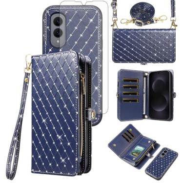 Imagem de Capa de celular para Samsung Galaxy S25 Edge 5G com zíper carteira para celular com protetor de tela, alça transversal com cordão com glitter, compartimento para cartão S25Edge 25S S 25 25Edge 6,66