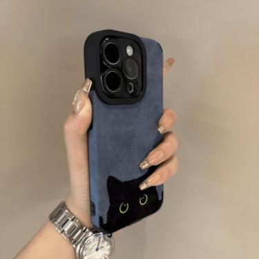 Imagem de IRTGFG Capa de silicone macia de couro camurça de gato preto de luxo para iPhone 16 Pro (para iPhone 16 Pro/azul)