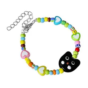 Imagem de ZJchao Pulseira Colorida Com Miçangas, Contas de Vidro Elásticas Ajustáveis, Pulseira Feita à Mão Com Cordão Elástico, para Presente de Casal, Amigo do Peito (Preto)