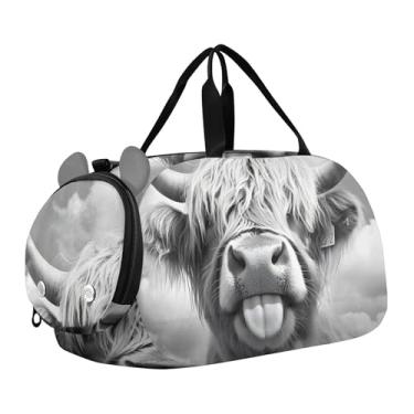 Imagem de Bolsa esportiva de viagem para meninos, burro, desenho animado, cavalo, durante a noite, para o fim de semana, bolsas de viagem, bolsa esportiva de dança, Funny Highland Cow Gray, Clássico