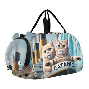 Imagem de Bolsa esportiva Dragon and Castle para meninas, bolsa de viagem noturna, para meninos e crianças, Gatos fofos Titanic Kitten, Clássico